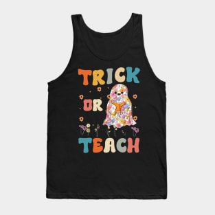 Groovy Halloween Trick Or Teach Retro Floral Ghost Teacher Tank Top